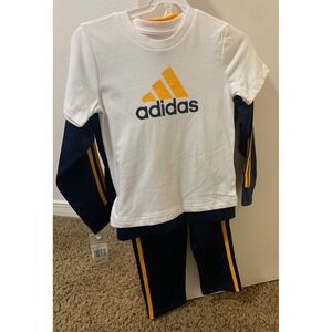 Adidas Toddler Boys 3 Piece Tracksuit Set Jacket Pants T-Shirt White Gold Blue